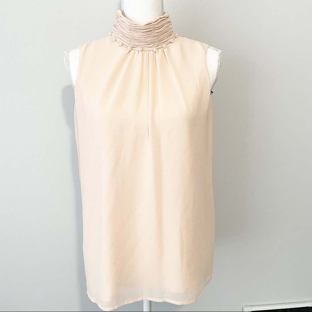 Karl Lagerfeld tan pearl sleeveless mock neck top size XS NWT classiccore